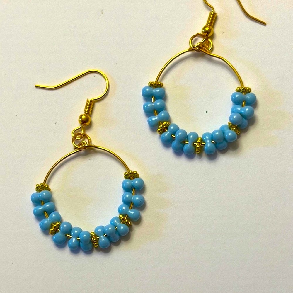 Elegant Gold and Blue Peanuts Beada Beaded Hoop Earrings